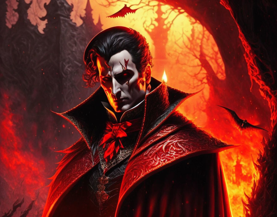 Gothic vampire illustration with piercing eyes and high-collared cape on fiery backdrop