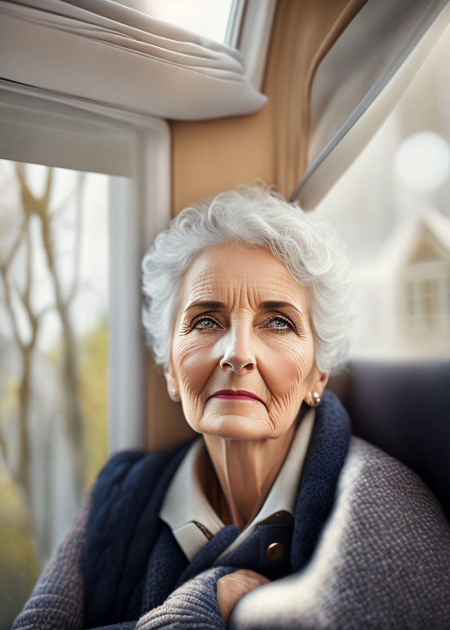 Elderly woman with gray hair and blue eyes looking out of window in vehicle