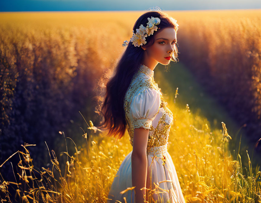 Young woman in vintage dress amid golden field at sunset