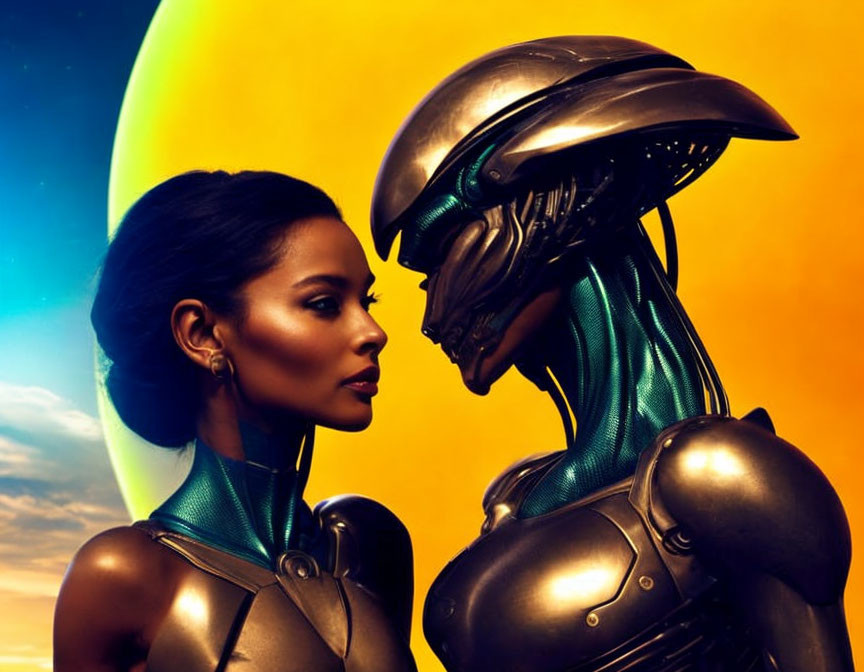 Woman and alien touching foreheads against sunset backdrop with large planet