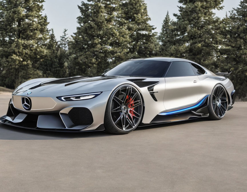 Modern Silver and Blue Mercedes Sports Car Parked on Tree-Lined Road