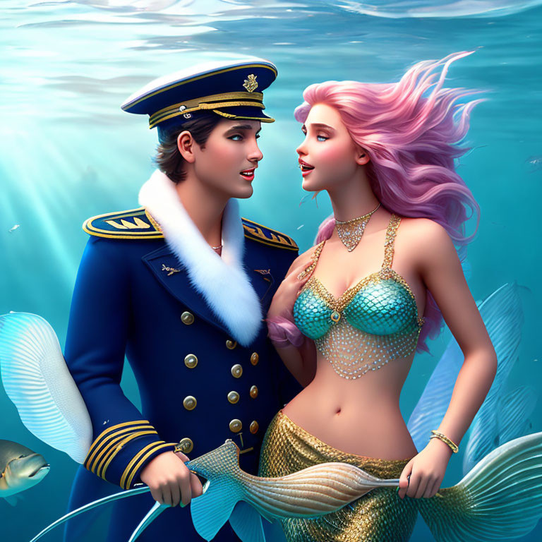 Mermaid with Pink Hair and Green Tail Gazing at Captain in Blue Water