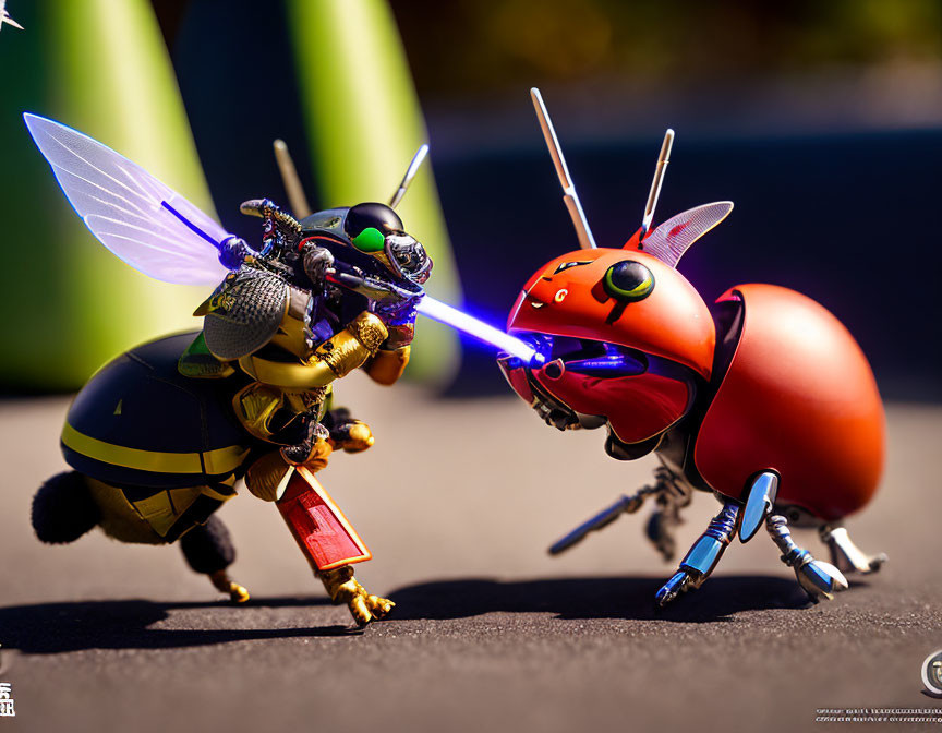 Detailed Toy Insects in Mock Battle with Futuristic Weapons