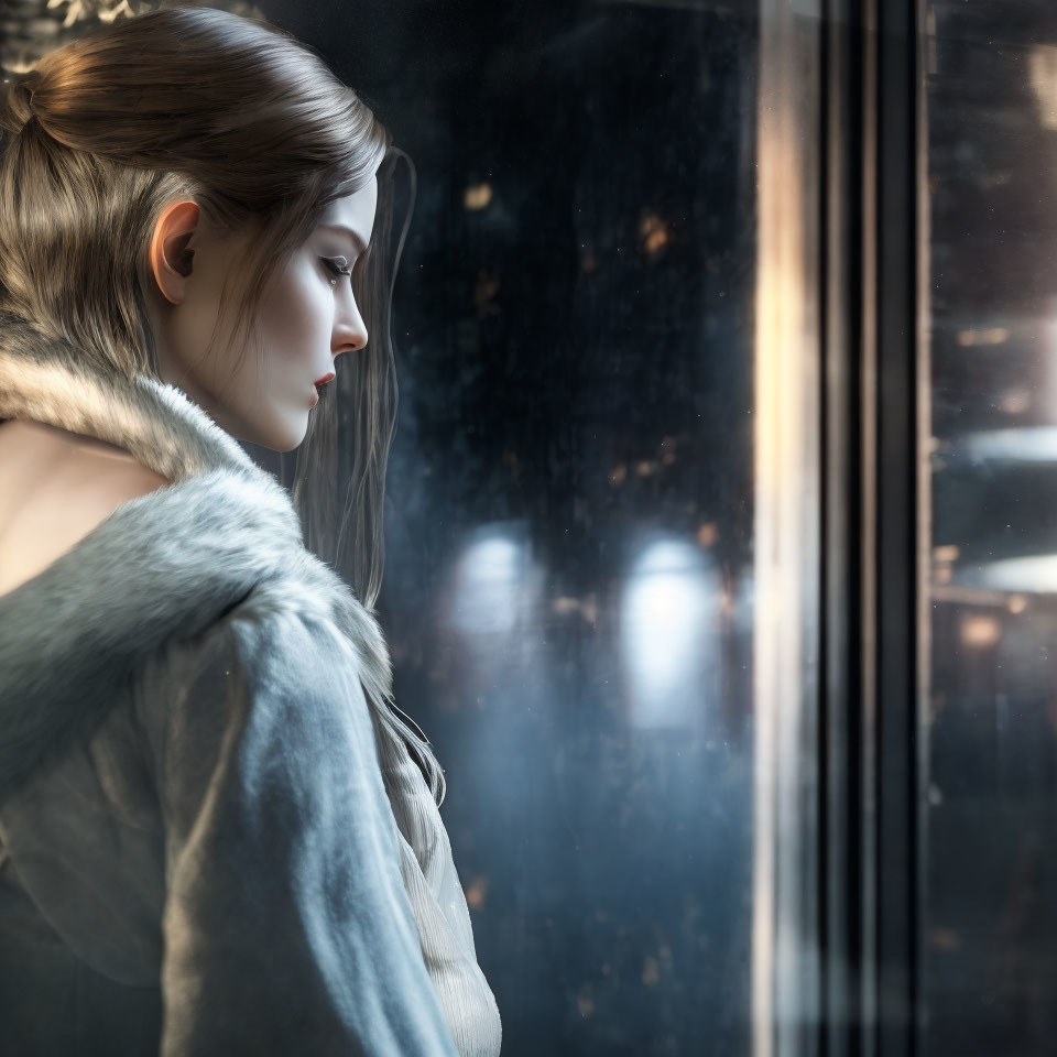 Digital artwork: Woman with ponytail gazes out window at night in fur collar coat