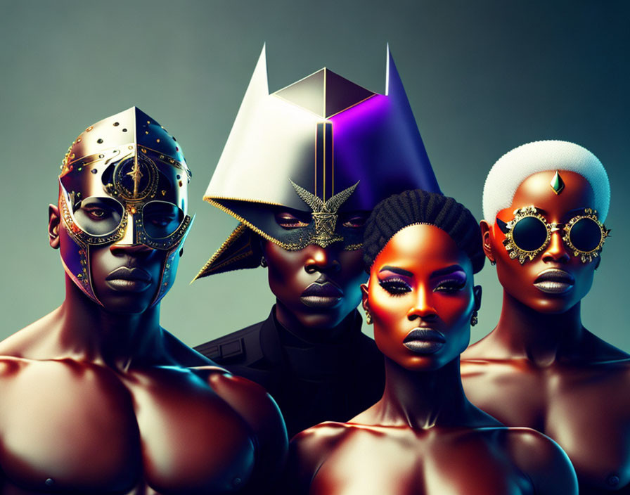 Four individuals with artistic makeup and futuristic headgear in stylized portrait.