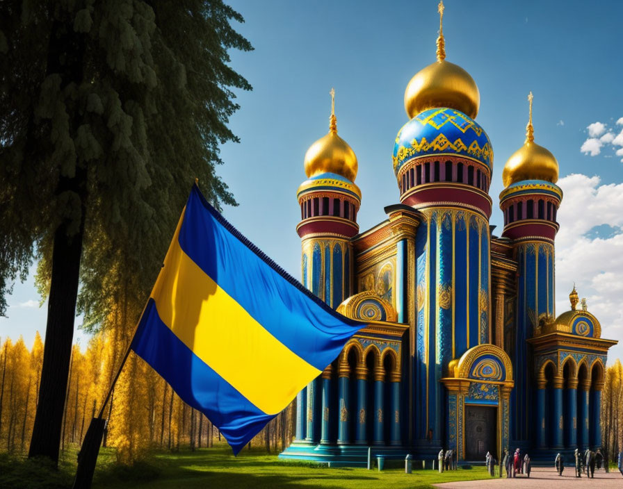 Ukrainian Flag with Orthodox Cathedral and Golden Domes