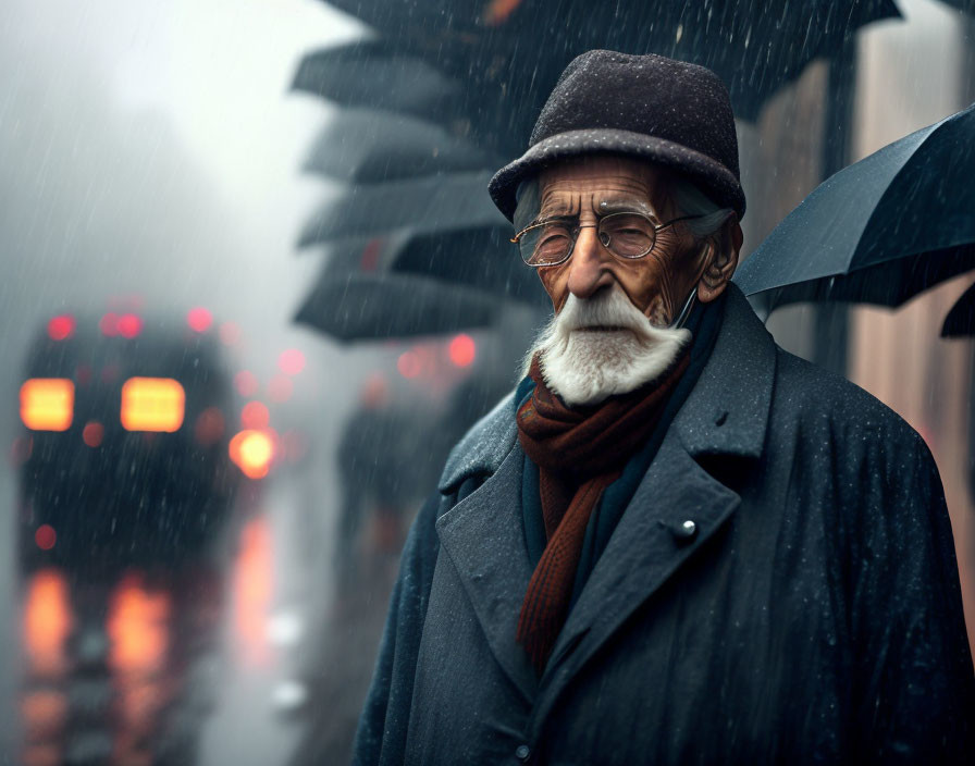 Elderly man with mustache in glasses, hat, scarf, coat, and umbrella in rainy