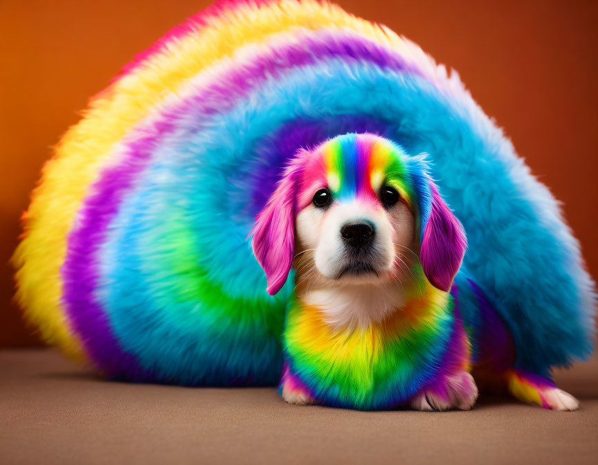 Colorful Rainbow Fur Puppy Sitting Under Arch