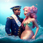 Mermaid with Pink Hair and Green Tail Gazing at Captain in Blue Water