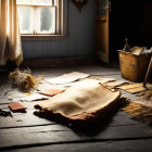 Abandoned room with damaged floor, mop in bucket, and tattered curtains by window