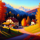 Vibrant autumn trees, winding path, quaint houses, majestic mountains