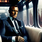 Man in dark suit sits by train window with thoughtful expression and sunlight shadows.