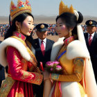 Traditional Mongolian women in ornate attire holding hands at ceremonial event.