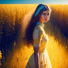 Young woman in vintage dress amid golden field at sunset