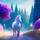 Majestic unicorn in mythical landscape with purple trees and blue sky