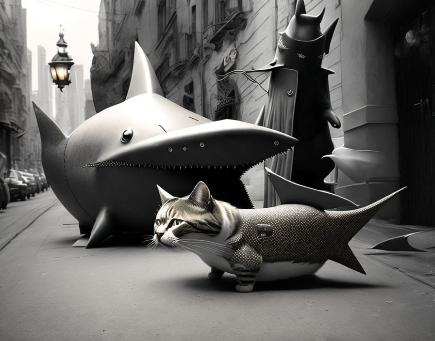 Surreal cat-shark hybrid with fish and cat figures in urban alleyway