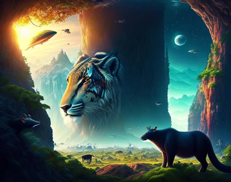 Fantasy landscape with celestial tiger, flying islands, antelope, and creatures