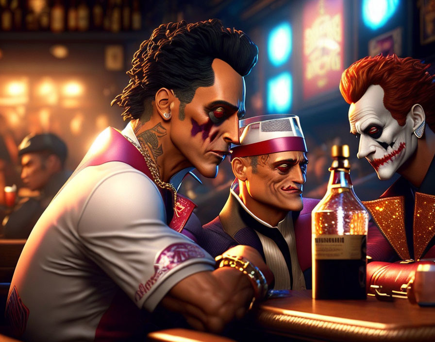 Three male animated characters in villain-themed attire and tattoos in a bar.