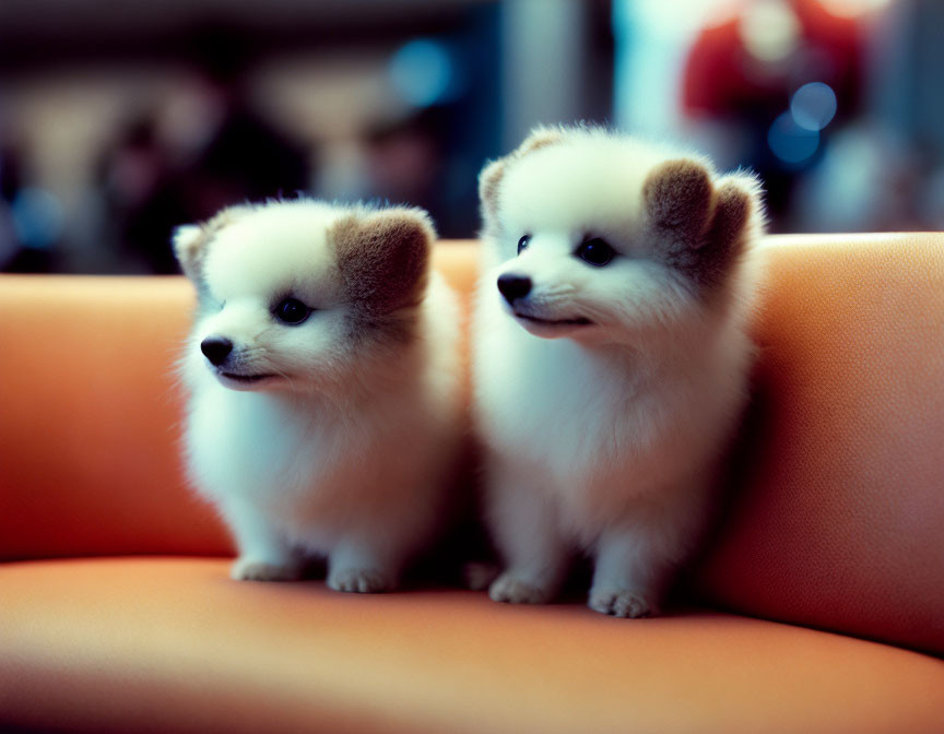 Fluffy Pomeranian Puppies on Orange Couch