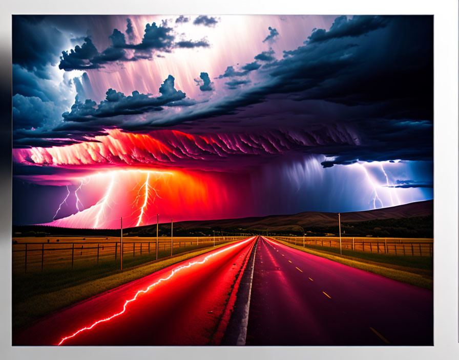 Vibrant thunderstorm with intense lightning on deserted highway