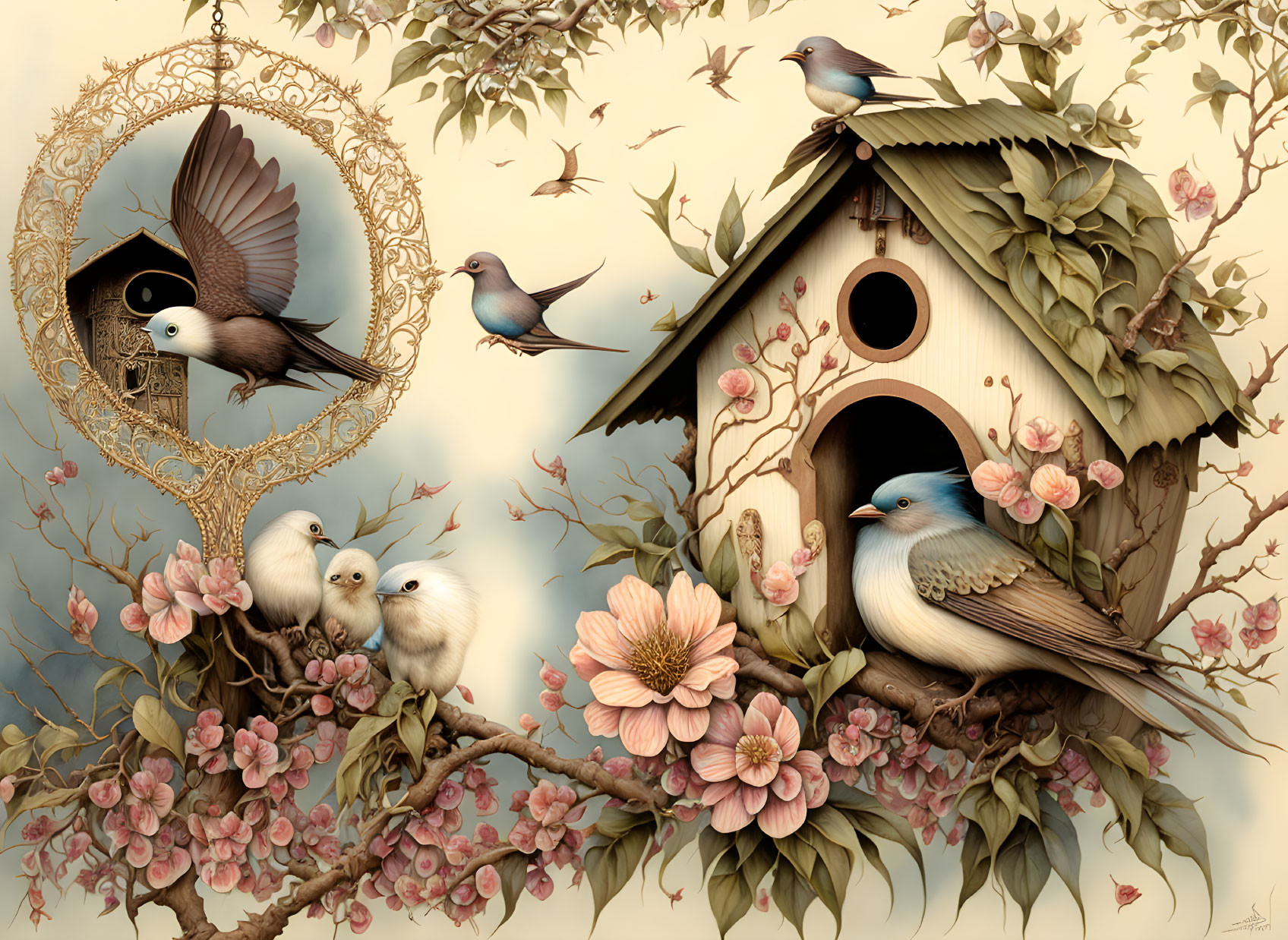 Birdhouse surrounded by birds, pink flowers, and green foliage