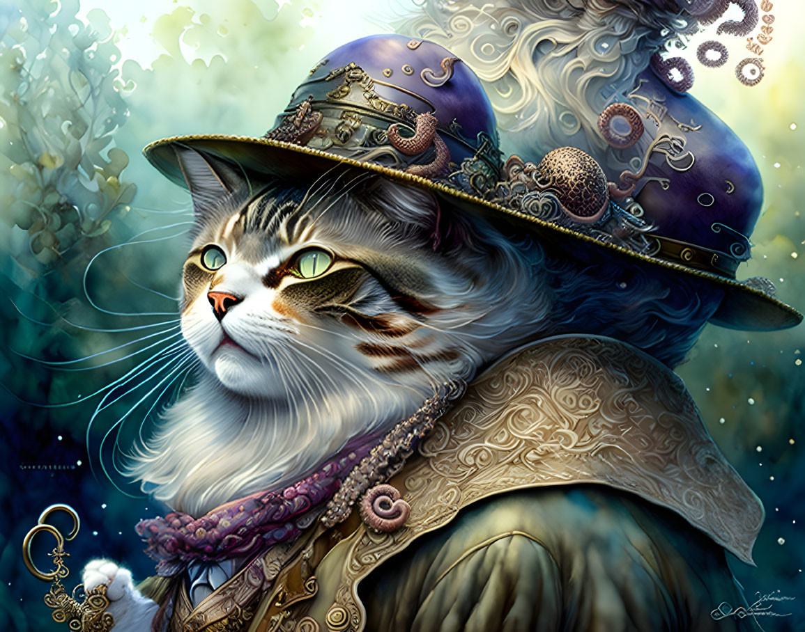 Luxuriously dressed cat with feathered hat and ornate jacket.