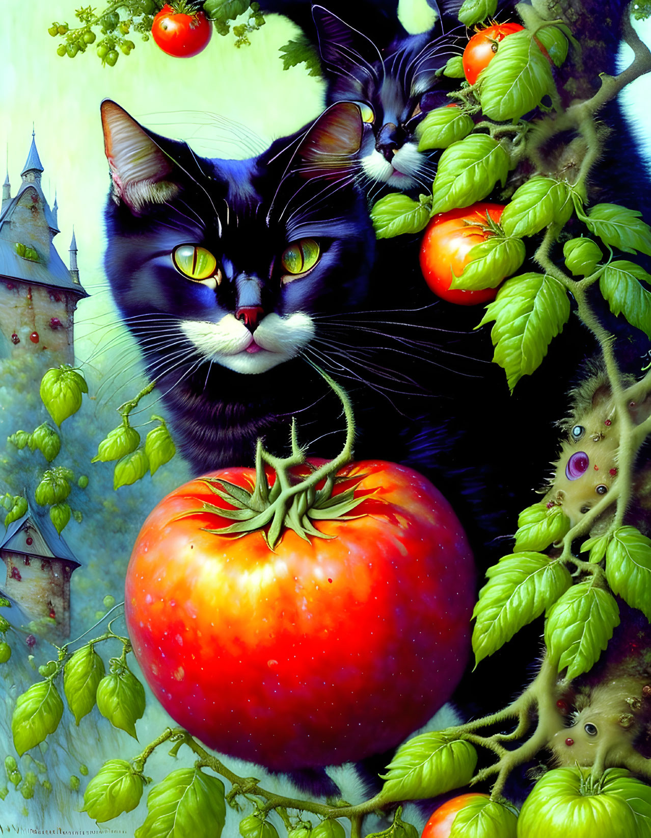 Two cats in tomato garden with castle backdrop