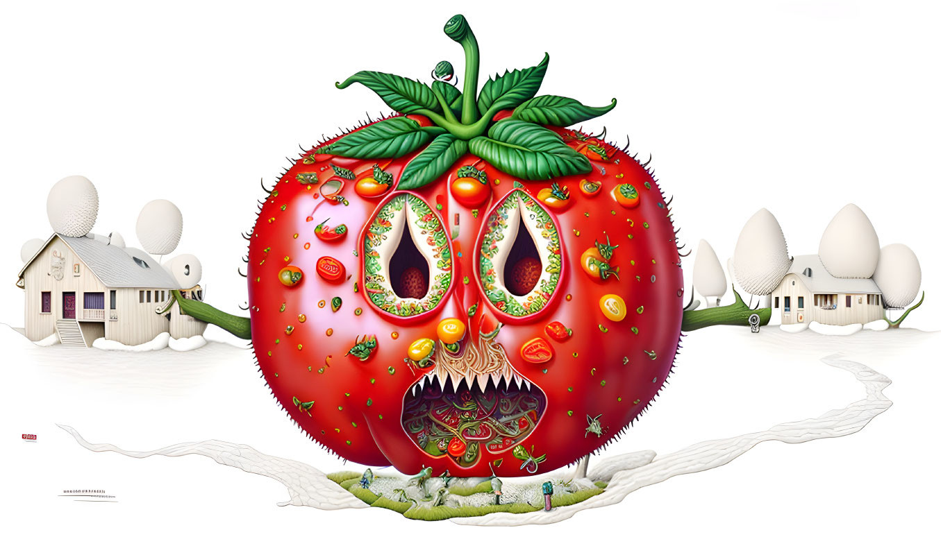 Surreal illustration of giant tomato with monstrous face and smaller tomatoes against house backdrop