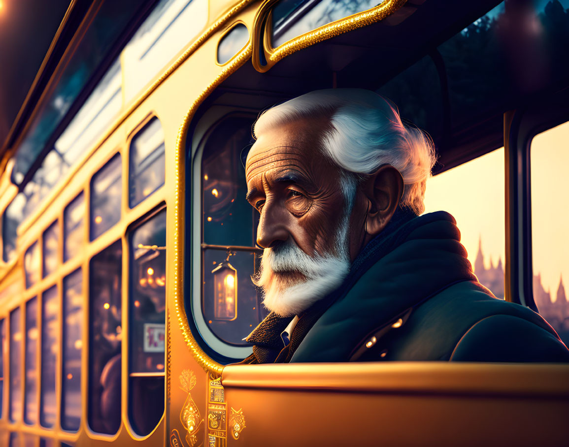 Elder gentleman with white mustache and beard on vintage bus at sunset