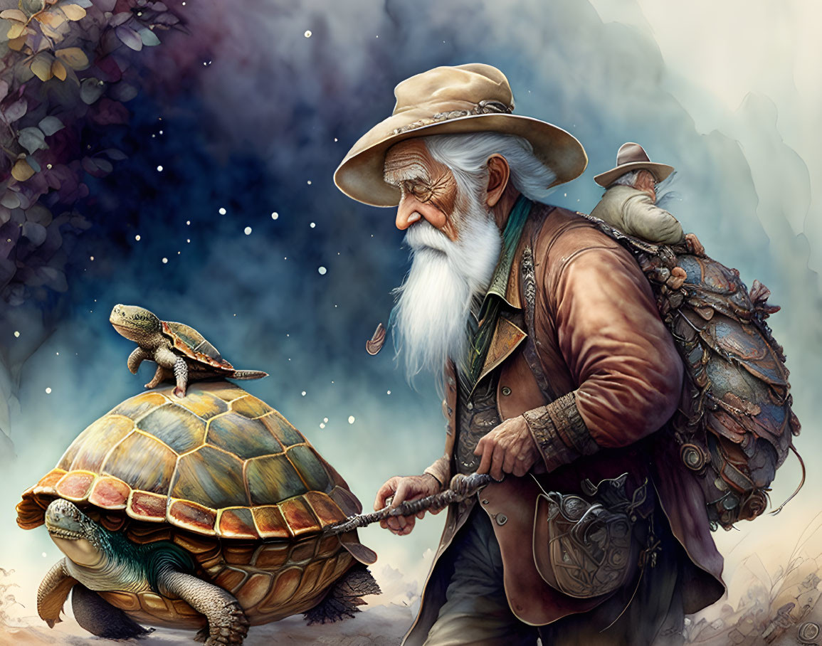 Elderly Adventurer with White Beard and Tortoise in Cosmic Setting