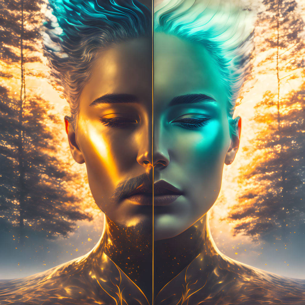 Person split-image: warm golden sunlight vs. cool blue hues against tree backdrop