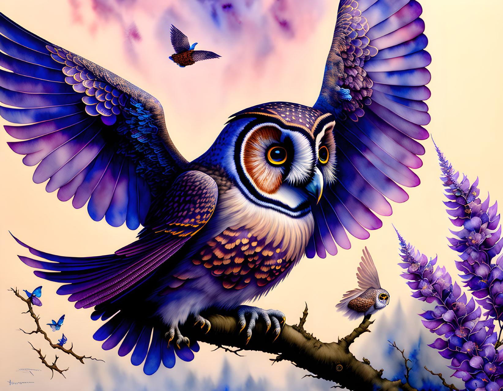 Colorful Owl Illustration Flying with Spread Wings Among Birds in Pastel Sky