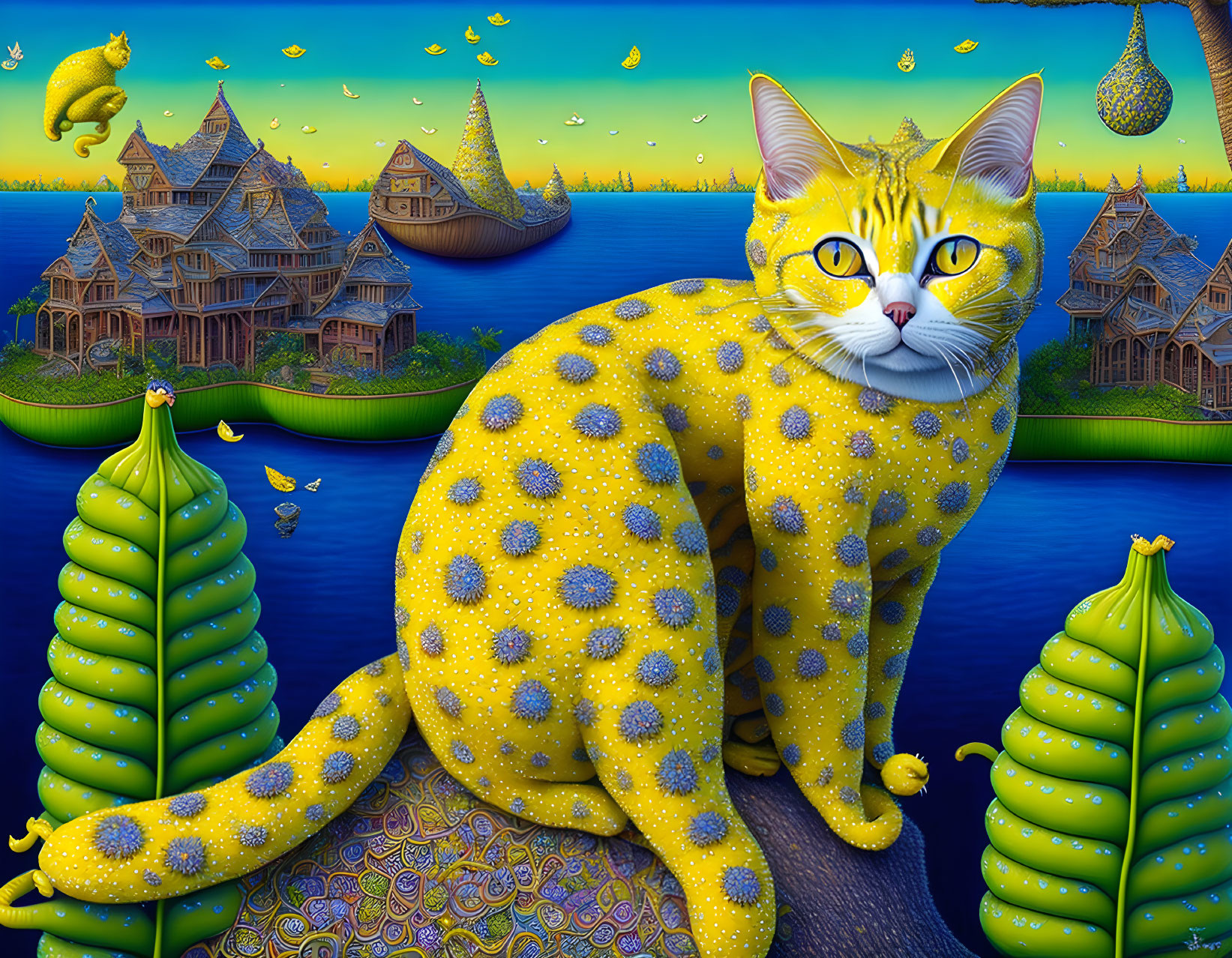 Colorful digital art: Yellow cat with blue eyes in surreal landscape