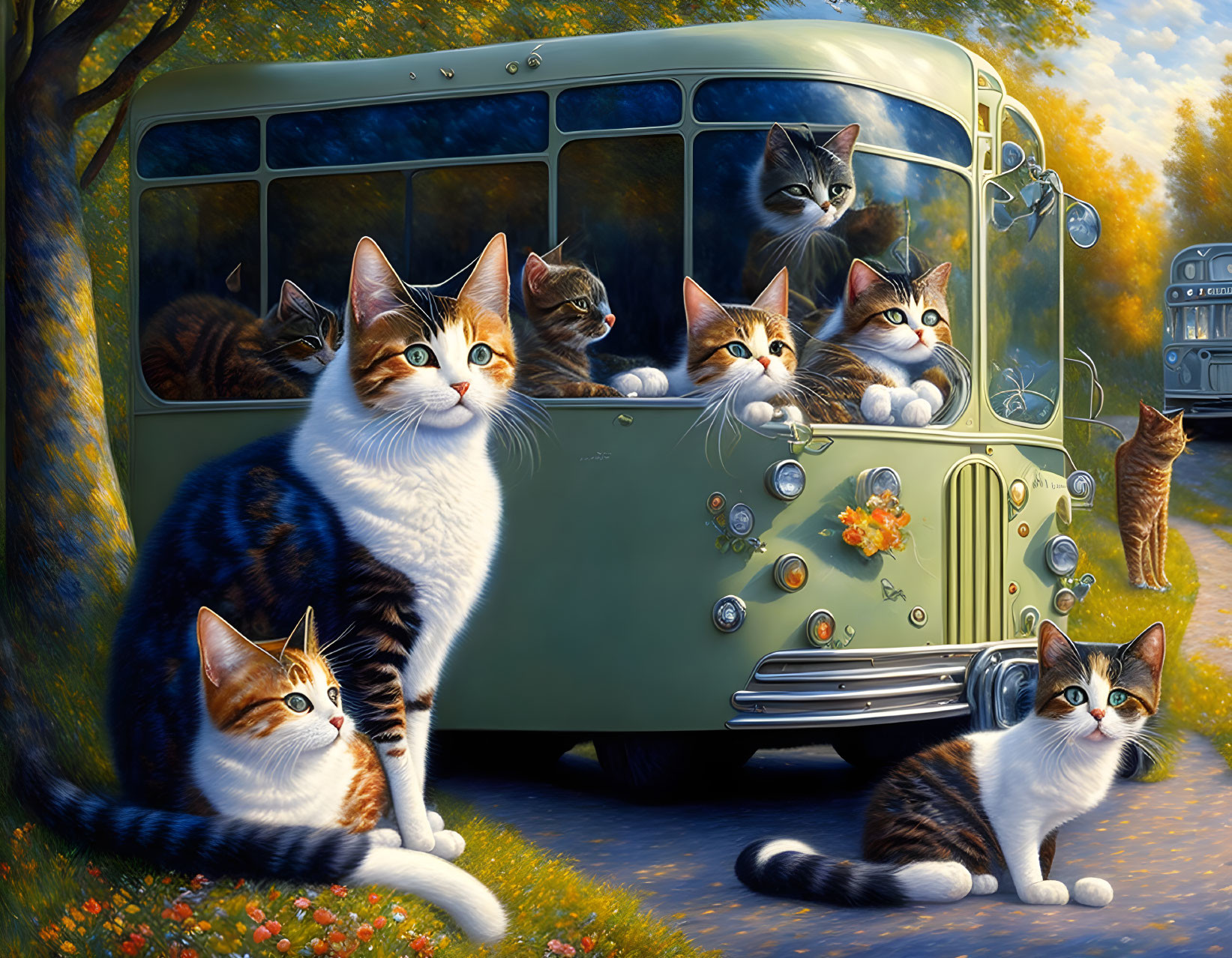 Illustration: Cats with expressive faces in vintage bus at sunny park