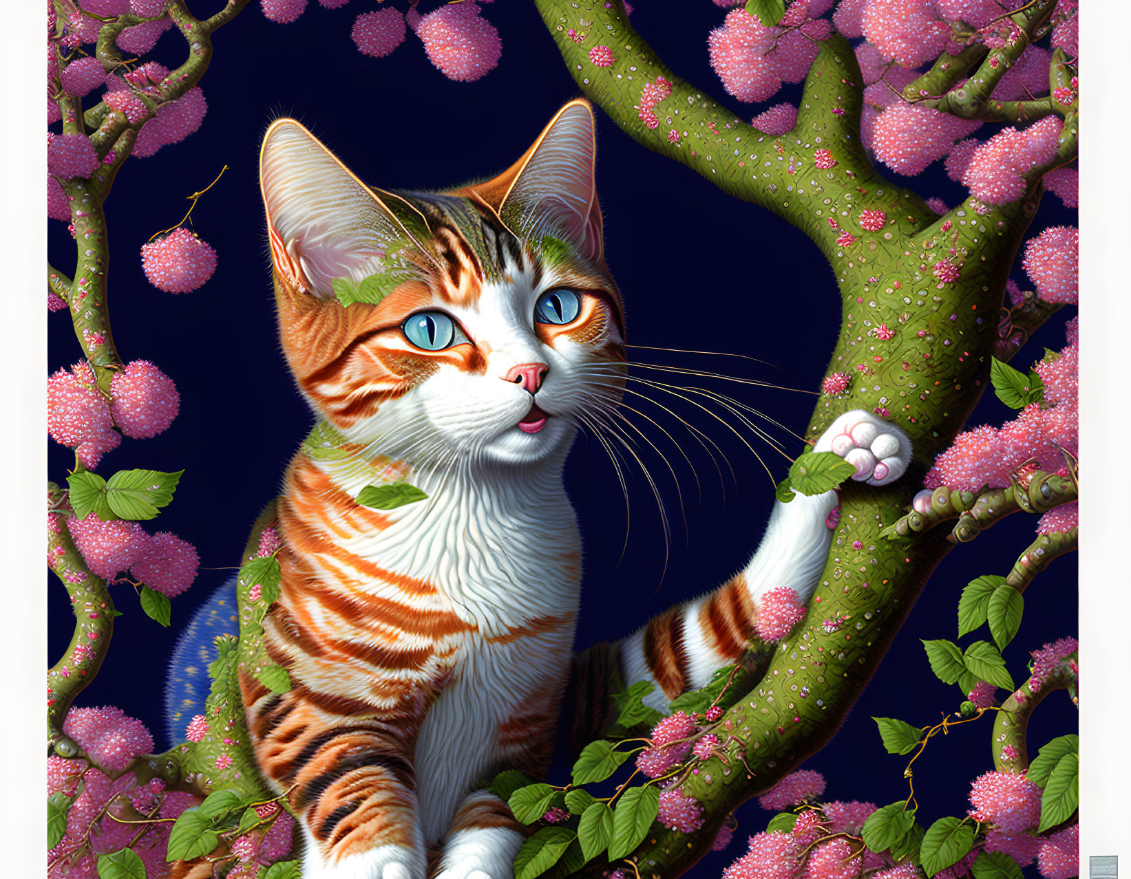 Striped Cat with Blue Eyes on Blossoming Tree Branch in Vibrant Illustration