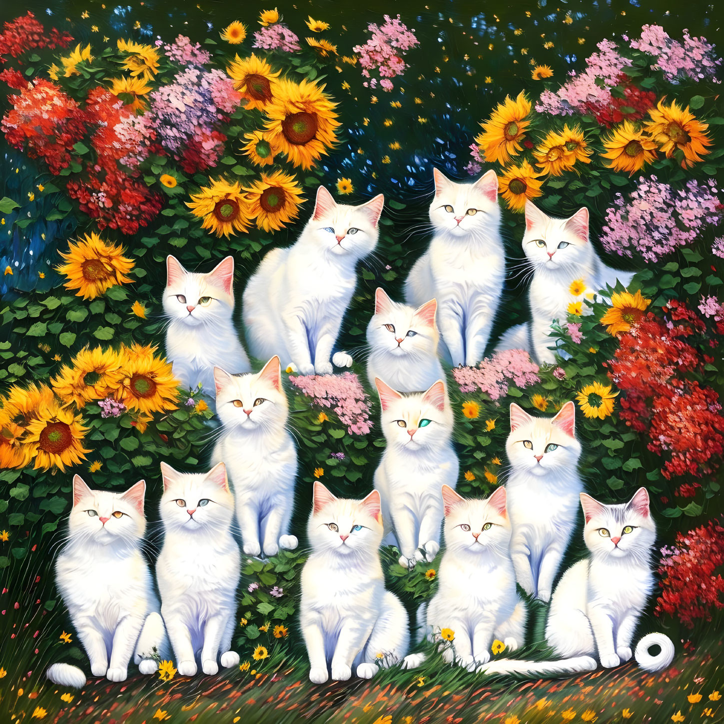 Vibrant painting of white cats in colorful garden