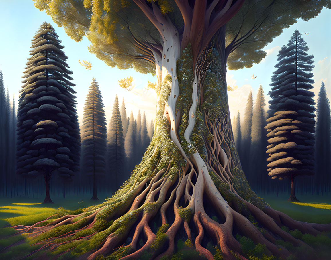 Serene forest scene with majestic tree and sprawling roots