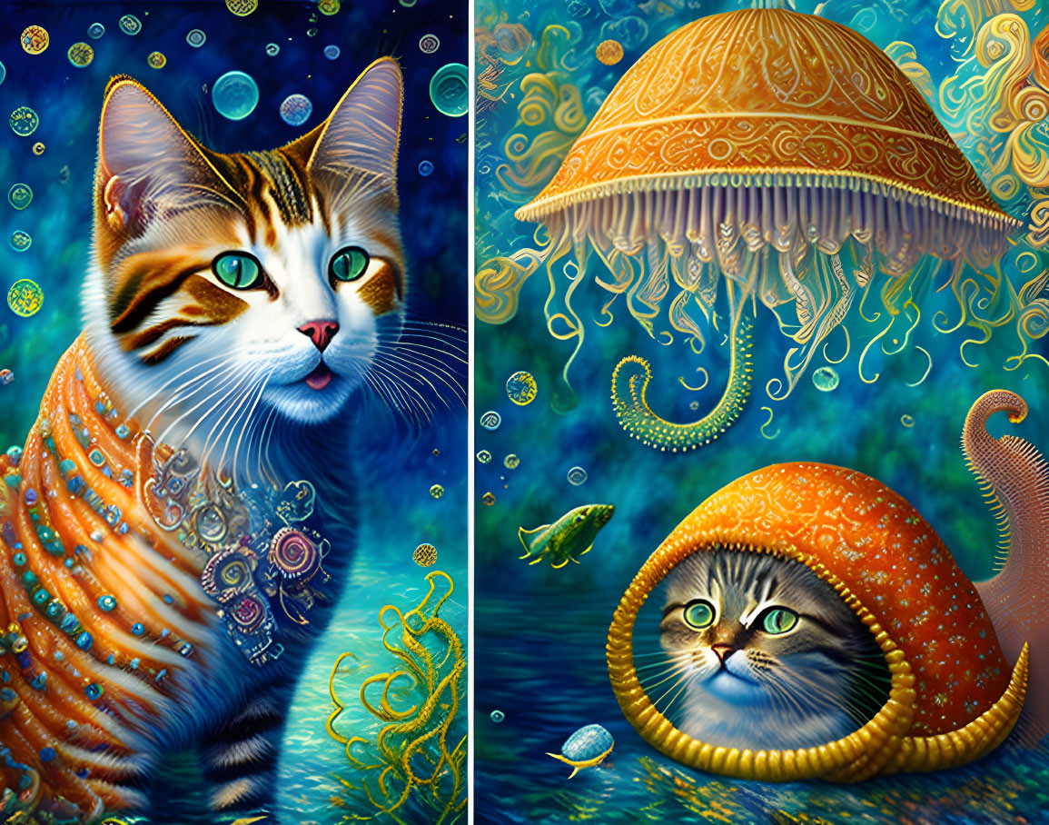 Colorful artwork: Two cats transformed into ocean creatures - one fish-like, the other in a jelly