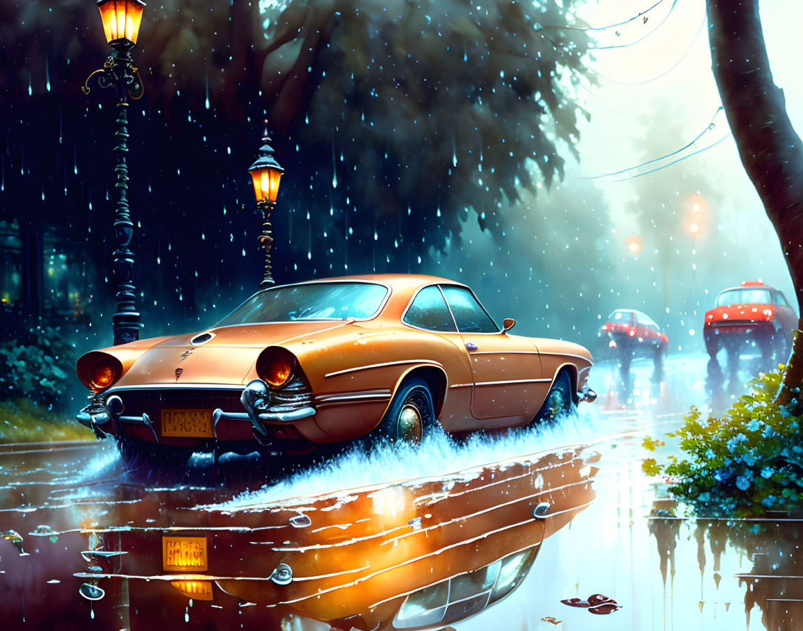 Vintage orange car driving on wet road at night with street lamps and reflections.