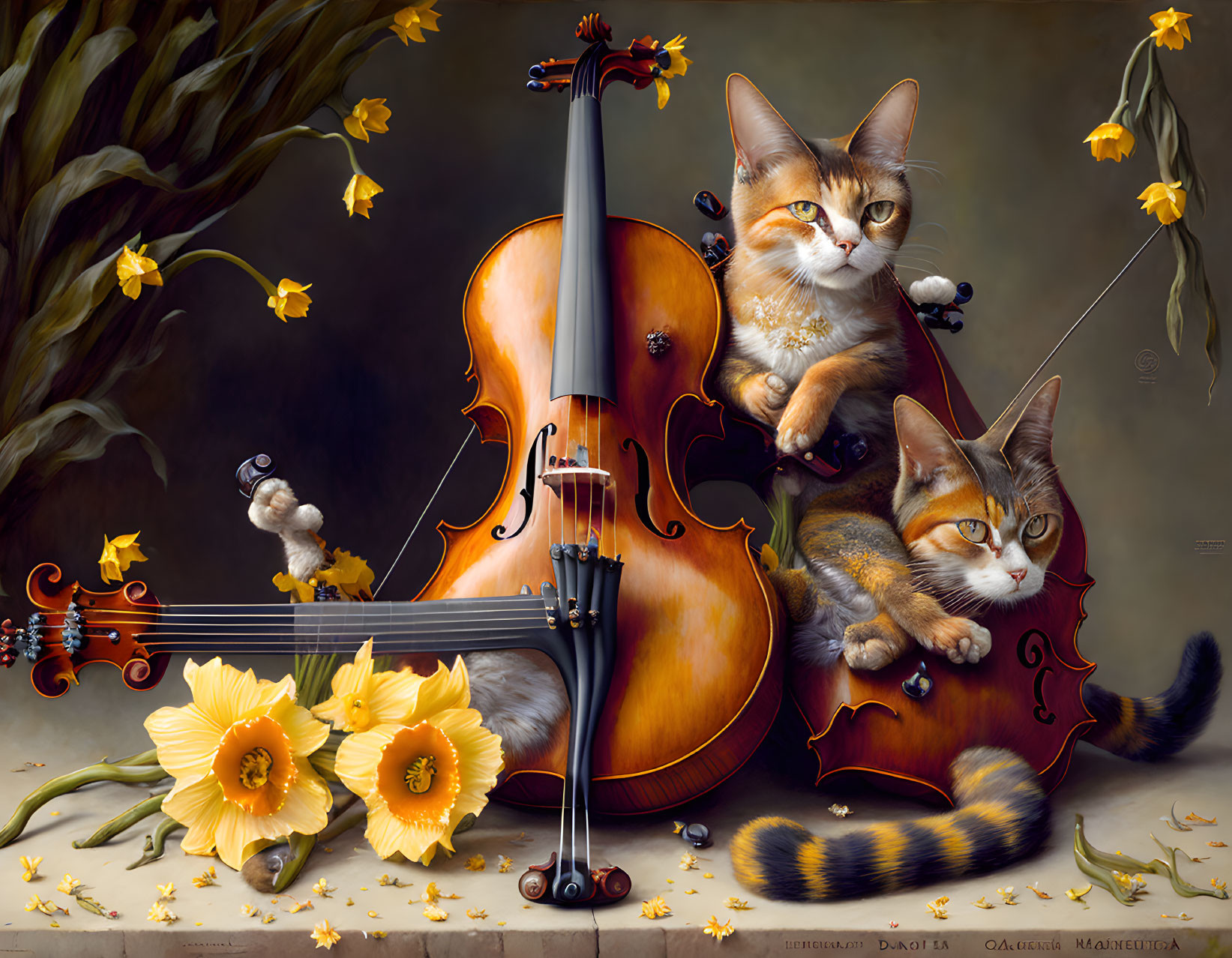 Cats posing with musical instruments in daffodil field