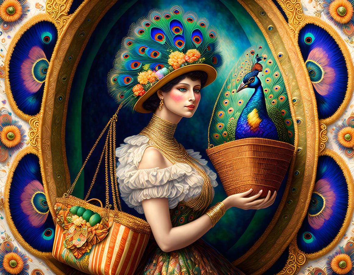 Vintage-dressed woman with peacock in basket, peacock feathers backdrop