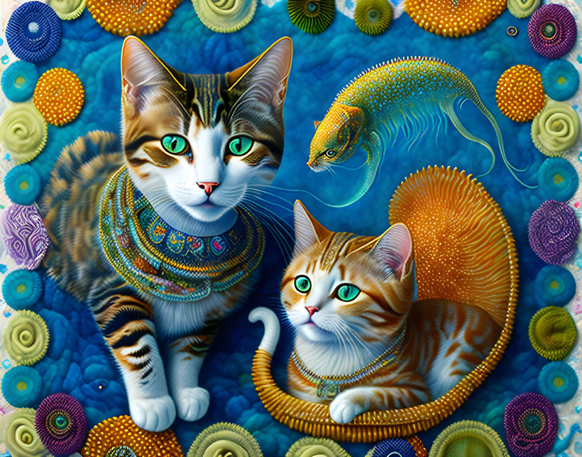 Vibrantly colored patterned cats in underwater coral scene