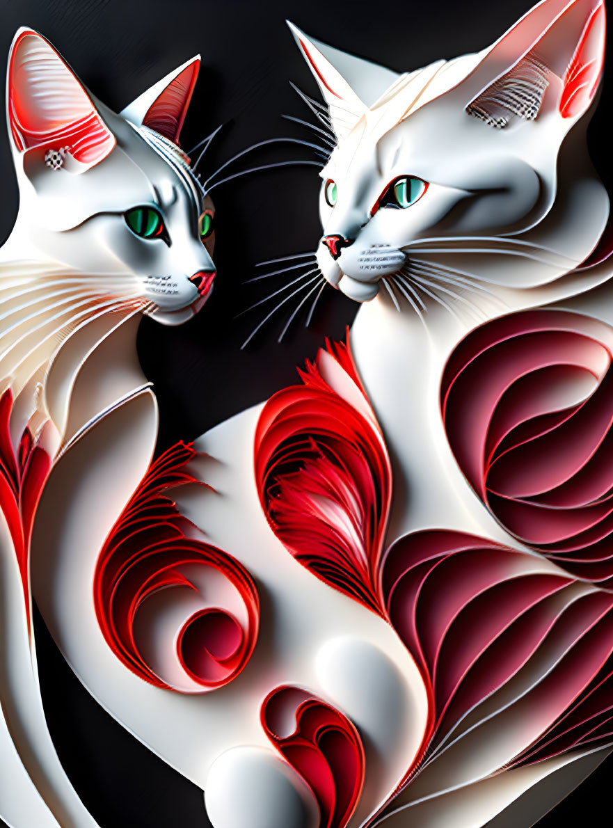 Stylized white cats with red accents on black background