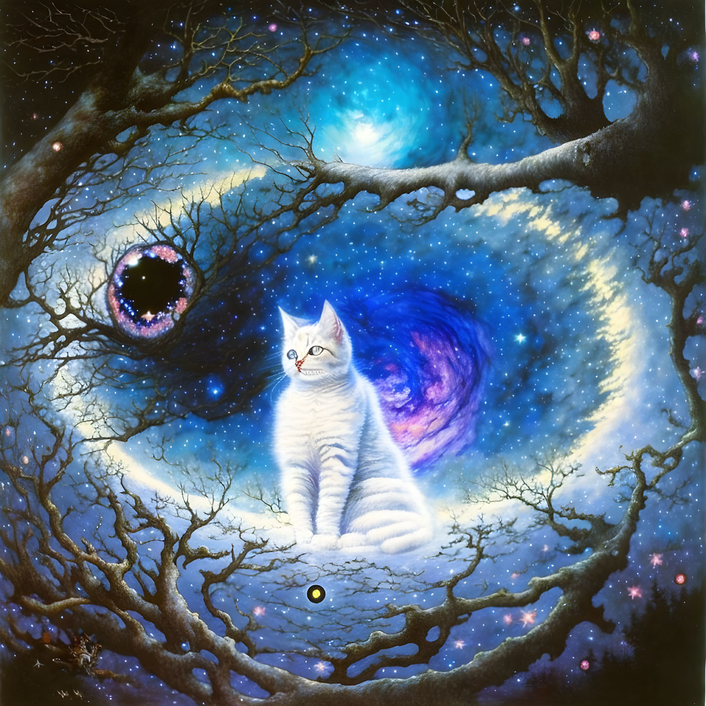 White Cat in Cosmic Fantasy Scene with Galaxy Swirls