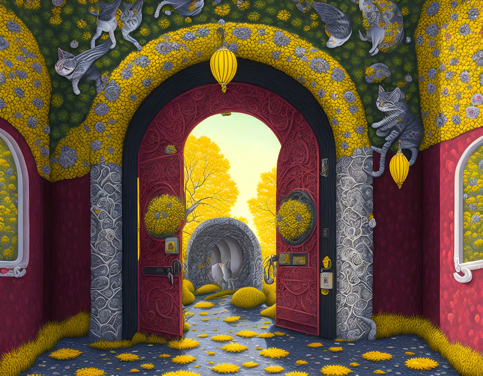 Whimsical room with red arched door, yellow daisy floor, playful grey cats on walls