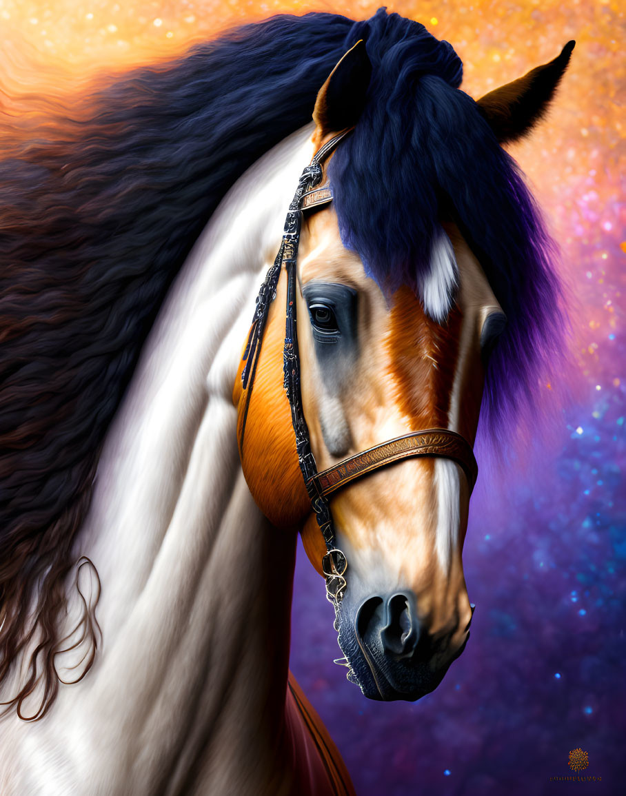 Majestic horse with brown and white coat against nebula backdrop