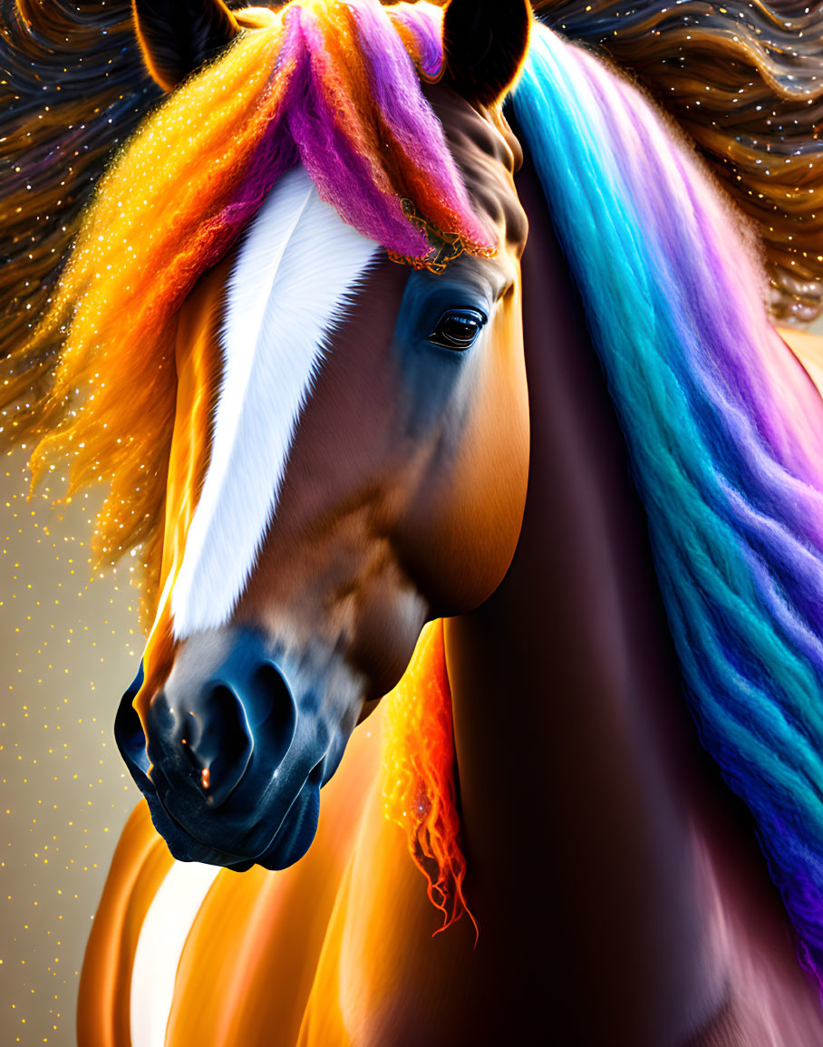 Colorful Horse with Purple, Blue, and Orange Mane on Amber Background