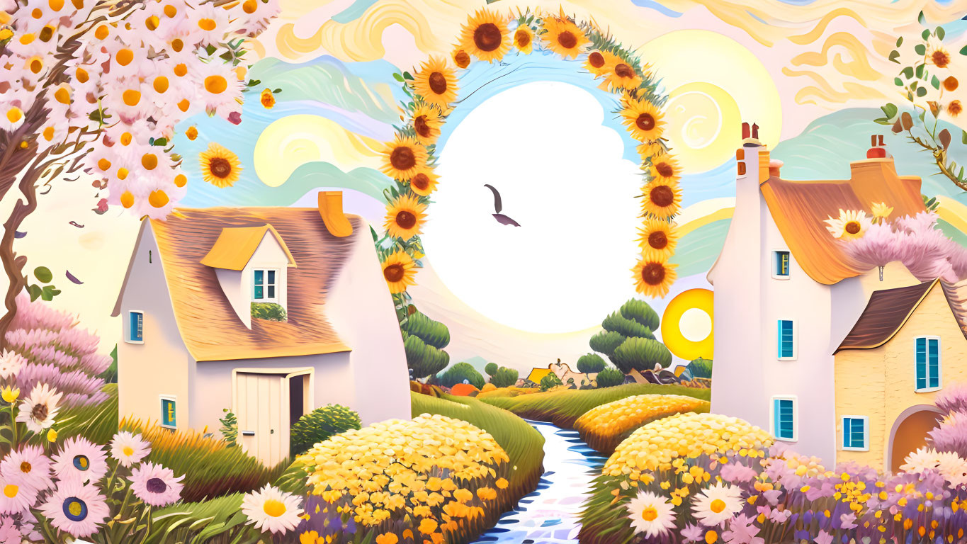 Charming countryside scene with cute houses, stream, flowers, bird, and sun.