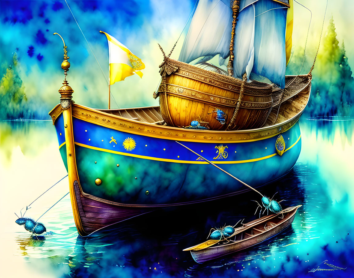 Colorful Illustration of a Fanciful Ship on Calm Water