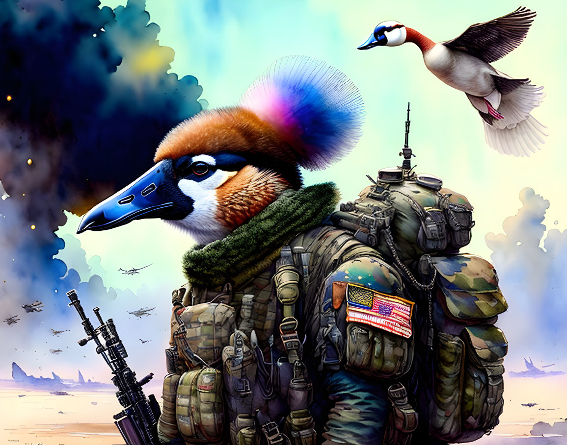 Military-themed anthropomorphic bird and realistic duck in front of tank under cloudy sky